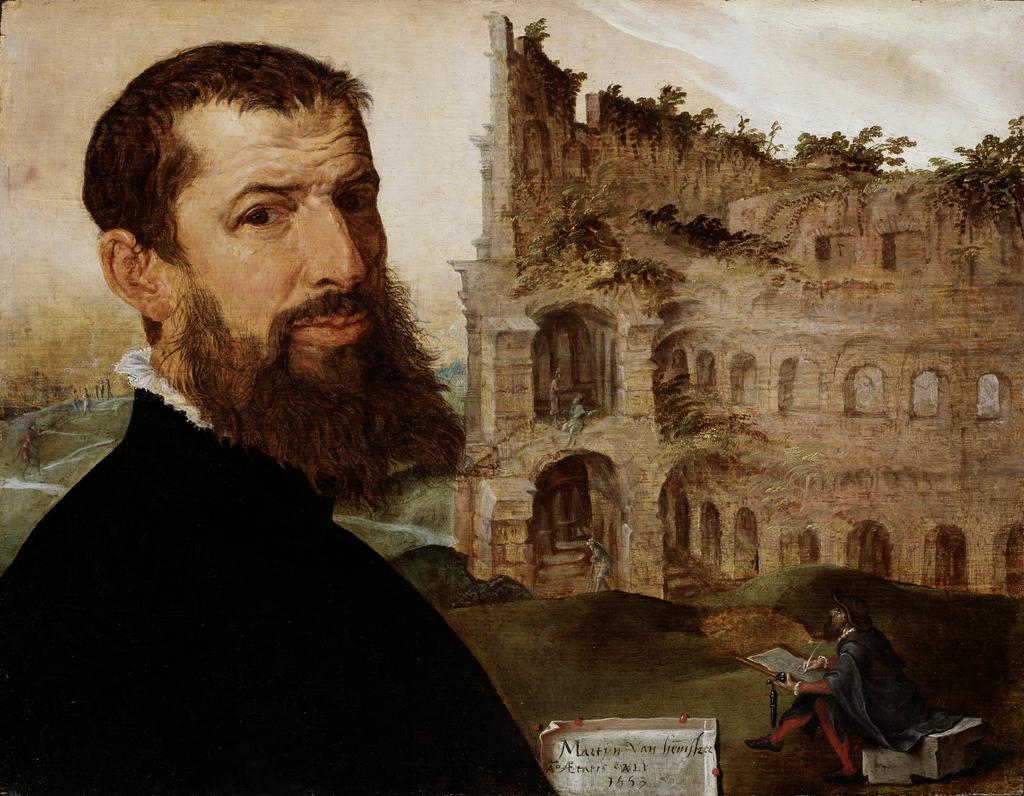 Maarten van Heemskerck (1498-1574), Autoportrait avec le Colisée, vers 1553. Huile sur panneau, 42,2 x 54 cm. Cambridge, The Fitzwilliam Museum. 