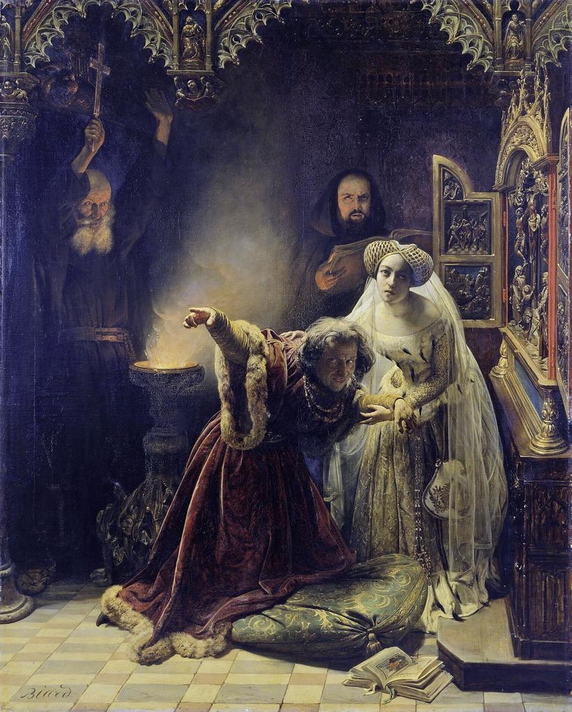 François Auguste Biard, L’Exorcisme de la folie de Charles VI, dit aussi L’Exorcisme de Charles VI par deux moines augustins, 1839. Huile sur toile, 164 x 131 cm. Leipzig, Museum der bildenden Künste.