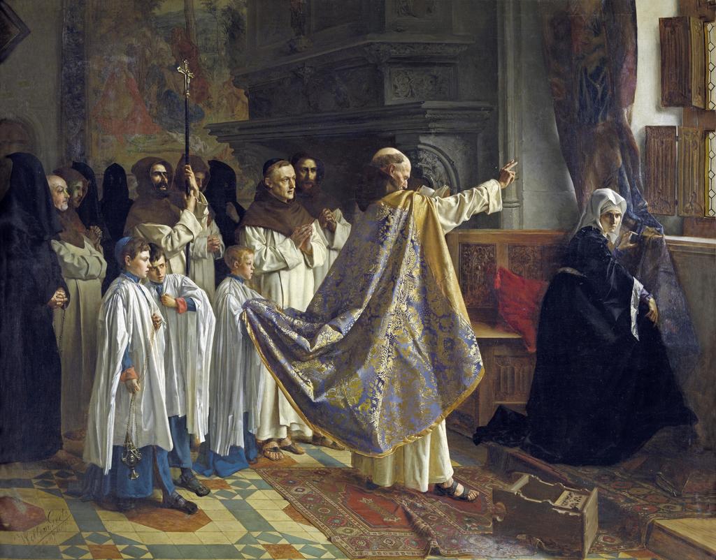 Willem Geets, L’Exorcisme de Jeanne de Castille, 1876.Huile sur toile, 127,2 x 162 cm. Anvers, musée royal des Beaux-Arts – Communauté Flamande. 