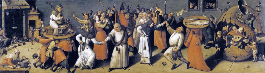 Suiveur de Jérôme Bosch, Combat de Carnaval et Carême, vers 1540-50. Huile sur bois, 67 x 236,8 cm. Anvers, musée Mayer van den Bergh.