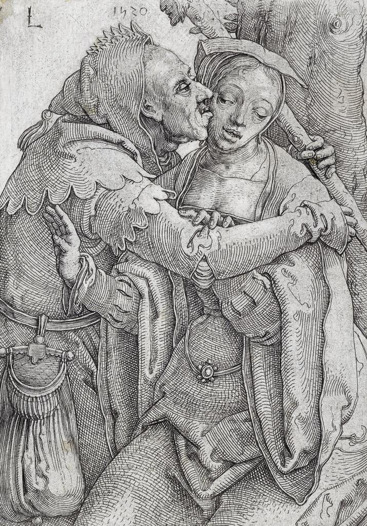 Lucas de Leyde, Un fou et une jeune femme, 1520. Eau-forte et burin, 1er état, 25,5 x 21,3 cm. Paris, musée du Louvre.