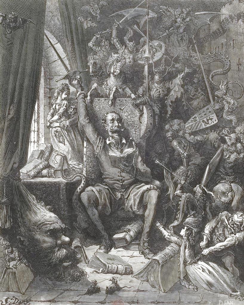 Gustave Doré (gravé par Héliodore Pisan), « Son imagination se remplit de tout ce qu’il avait lu », Don Quichotte dans sa bibliothèque entouré des créatures de ses livres, frontispice pour L’Ingénieux Hidalgo Don Quichotte de la Manche de Miguel de Cervantes, 1863. Gravure sur bois, 24,5 x 20 cm. Paris, Bibliothèque nationale de France.