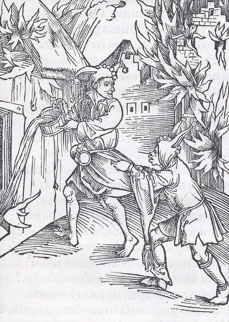 Albrecht Dürer (attr. à), Le Fou éteignant l’incendie de la maison de son voisin plutôt que celui qui dévore sa propre maison, illustration tirée d’une édition latine de Das Narrenschiff (La Nef de fous) de Sebastian Brant, Johann Bergmann (éd.), Bâle, 1497. Gravure sur bois, ouvrage in-4. Paris, Bibliothèque nationale de France.