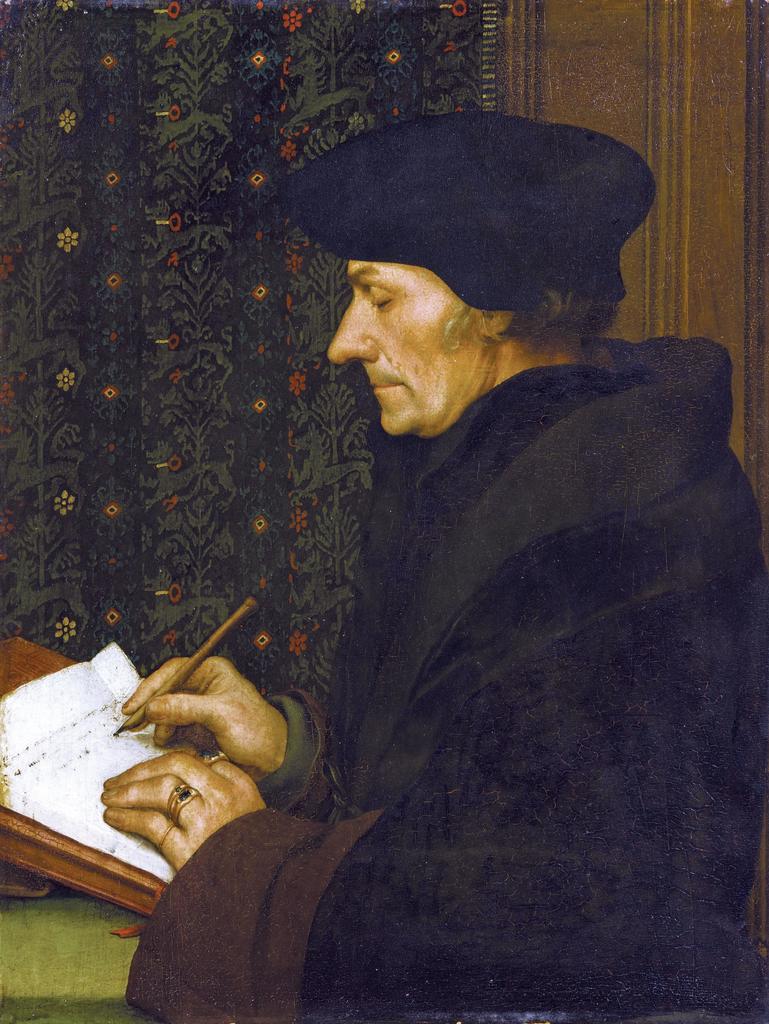 Hans Holbein le Jeune, Portrait d’Érasme écrivant, 1528. Huile sur bois, 43 x 33 cm. Paris, musée du Louvre.