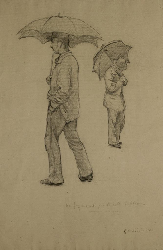 Gustave Caillebotte, étude pour Rue de Paris, temps de pluie, 1877. Crayon sur papier, 46 x 29 cm. Collection particulière.