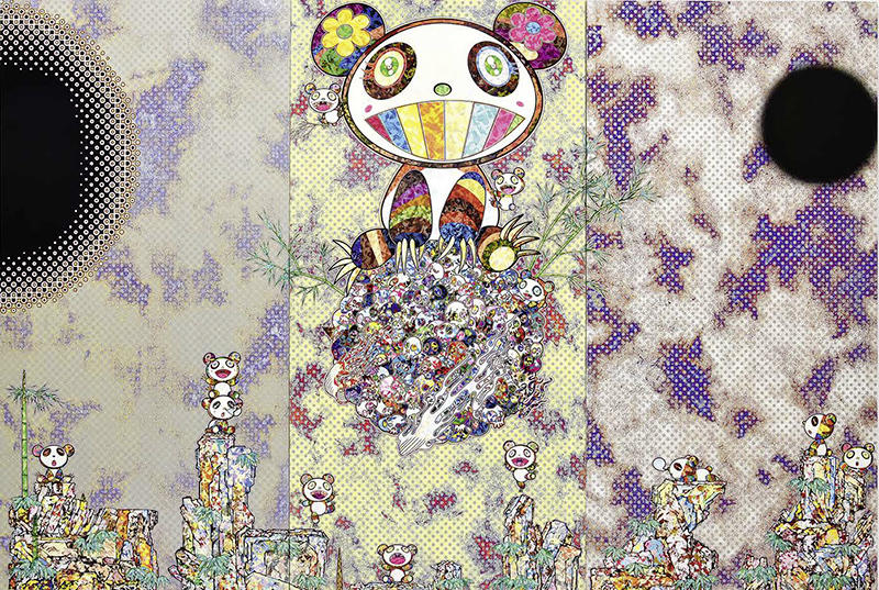 Takashi Murakami (né en 1962), Forest Companions, 2017. Acrylique sur toile, 300 x 450 cm (3 panneaux).