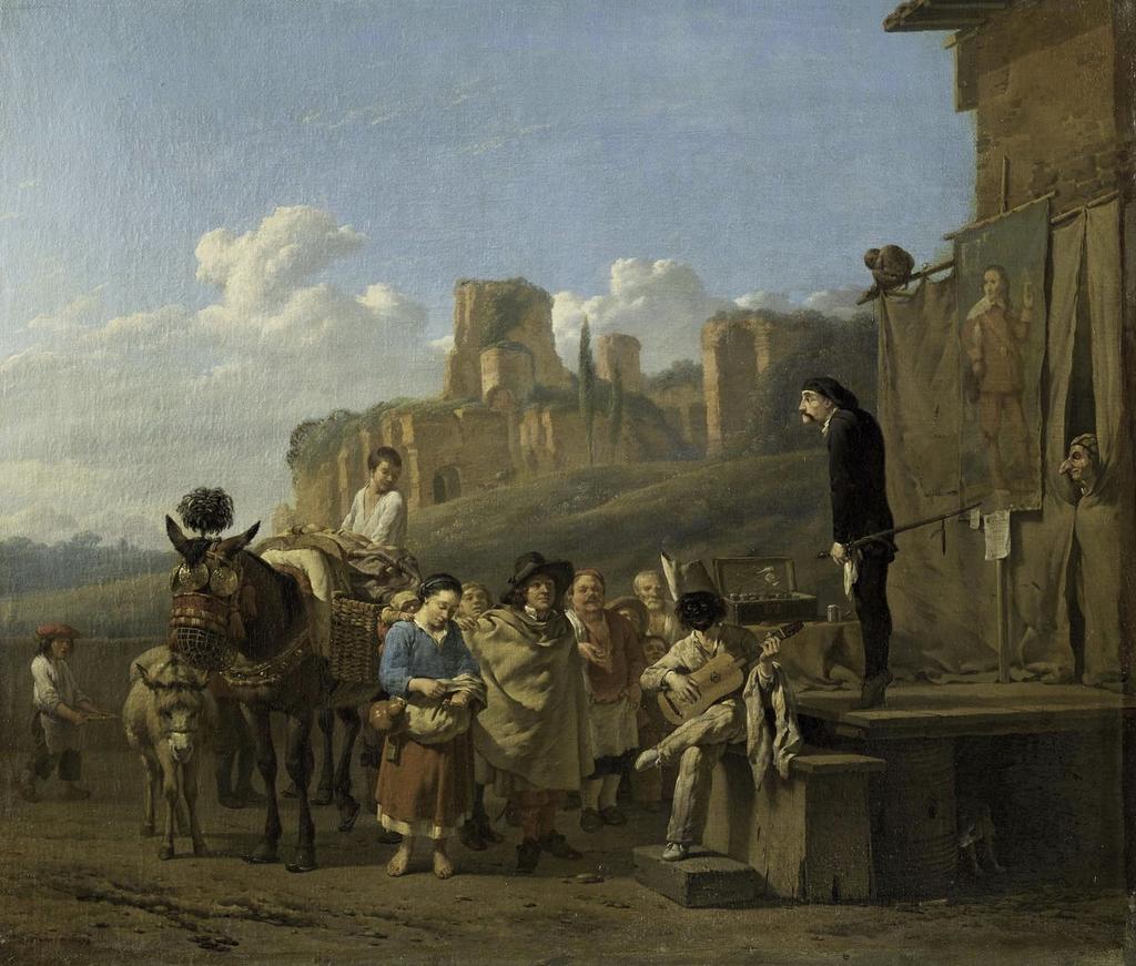 Karel Dujardin (1626-1678), Les Charlatans italiens, dit aussi Les Comédiens italiens, 1657. Huile sur toile, 45 x 52 cm. Paris, musée du Louvre. 