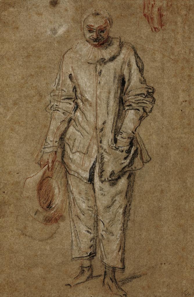 Antoine Watteau, Pierrot, vers 1717. Sanguine, pierre noire et craie blanche, 24 x 16 cm. Haarlem, Teylers Museum. 