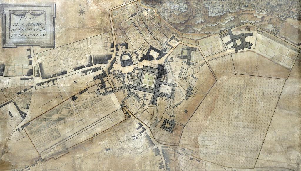 Plan dit de 1762. Ce plan montre l’implantation des différents monastères établis par Robert d’Arbrissel et en fonction jusqu’à la Révolution : 1. Grand Moûtier ; 2. Quartier Saint-Benoît ; 3. Prieuré de Sainte-Marie- Madeleine ; 4. Prieuré Saint-Lazare ; 5. Prieuré de Saint-Jean-de-l’Habit. 