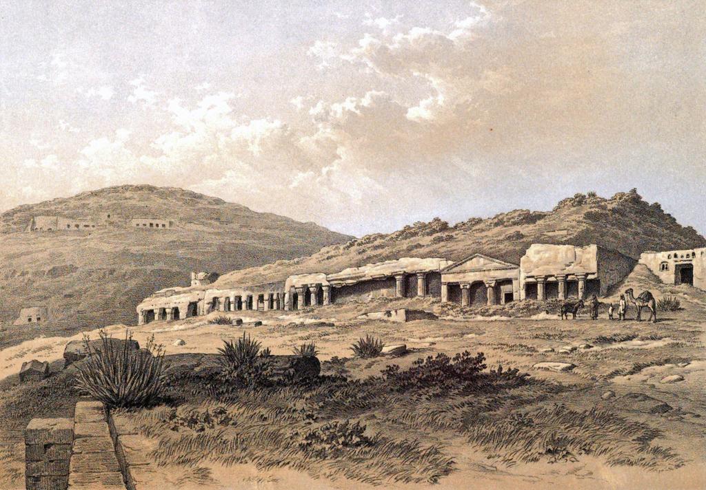 Rangée de tombes dans la nécropole nord de Cyrène par E. A. Porcher, dans R. M. Smith, E. A. Porcher, History of the recent discoveries at Cyrene, made during an expedition to the Cyrenaica in 1860-1861 under the auspices of Her Majesty’s government, Day & Son, Londres, 1864.