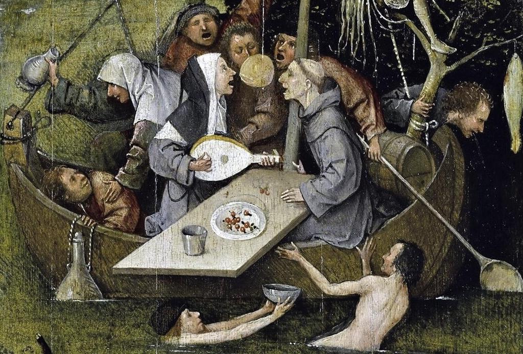 Jérôme Bosch, Satire des noceurs débauchés, dit aussi La Nef des fous (détail), vers 1490 ou plus tardivement. Huile sur bois, 58 x 33 cm. Paris, musée du Louvre.