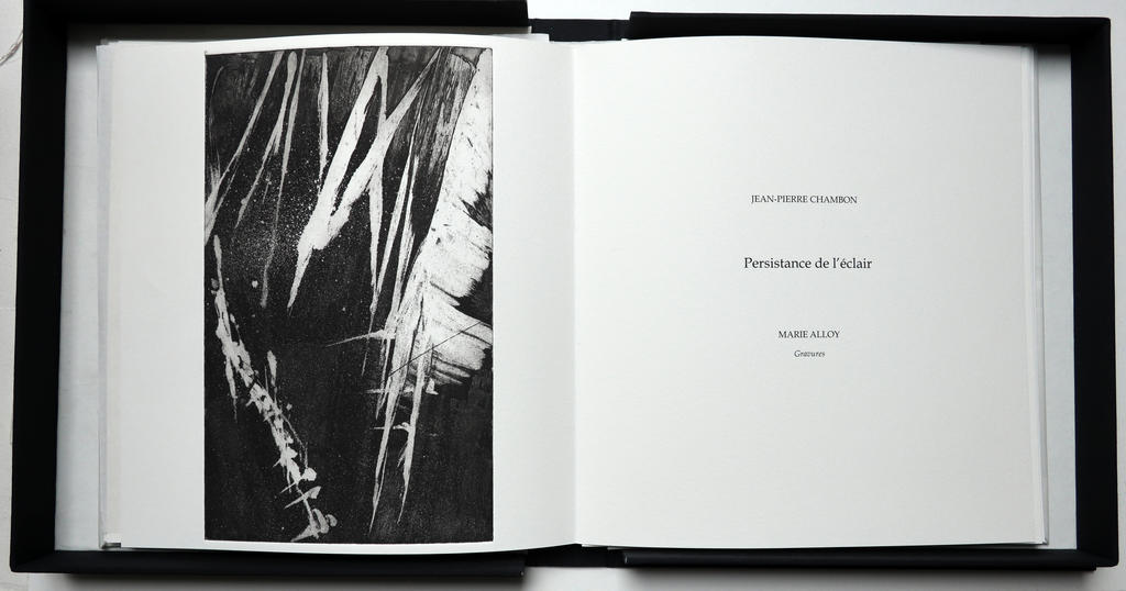 Persistance de l’éclair, poèmes en prose inédits de Jean-Pierre Chambon, six aquatintes et eaux-fortes de Marie Alloy, Le Silence qui roule, 2023. Page de titre. 