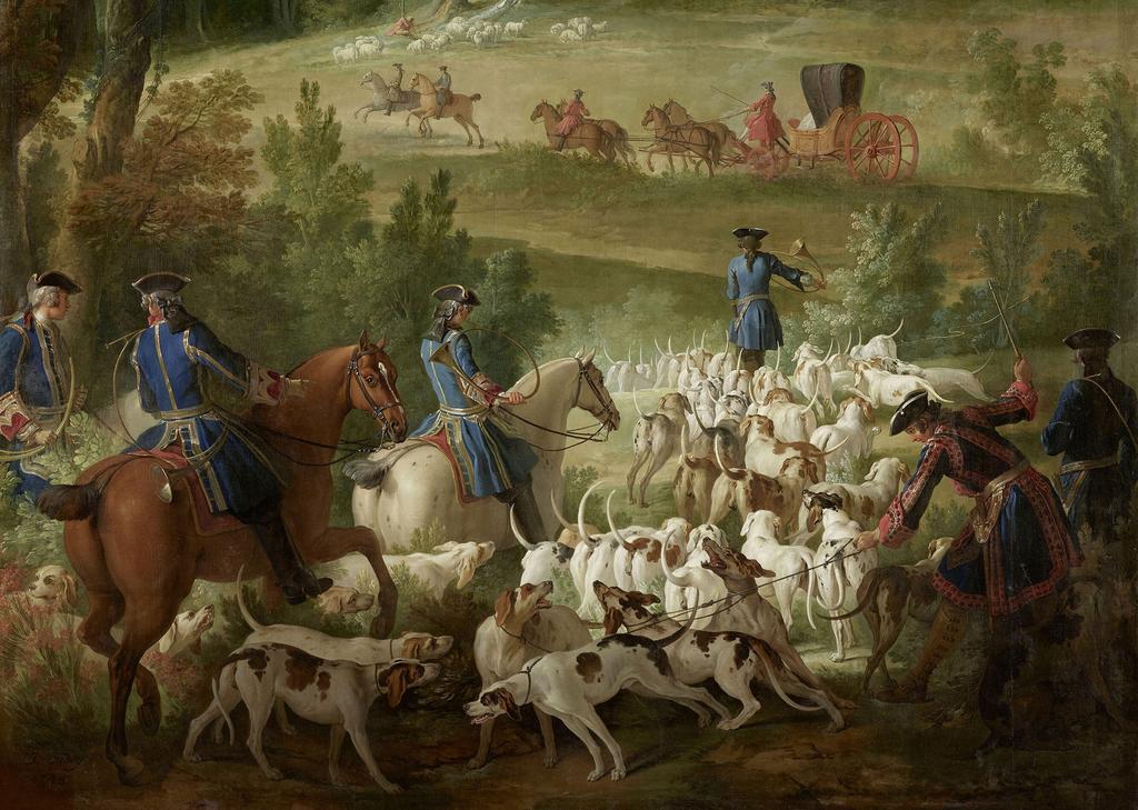 Jean-Baptiste Oudry, La meute de chiens courant allant au rendez-vous au carrefour de l’Embrassade (détail), 1743. Huile sur toile, 357 x 272 cm. Fontainebleau, musée national du château.