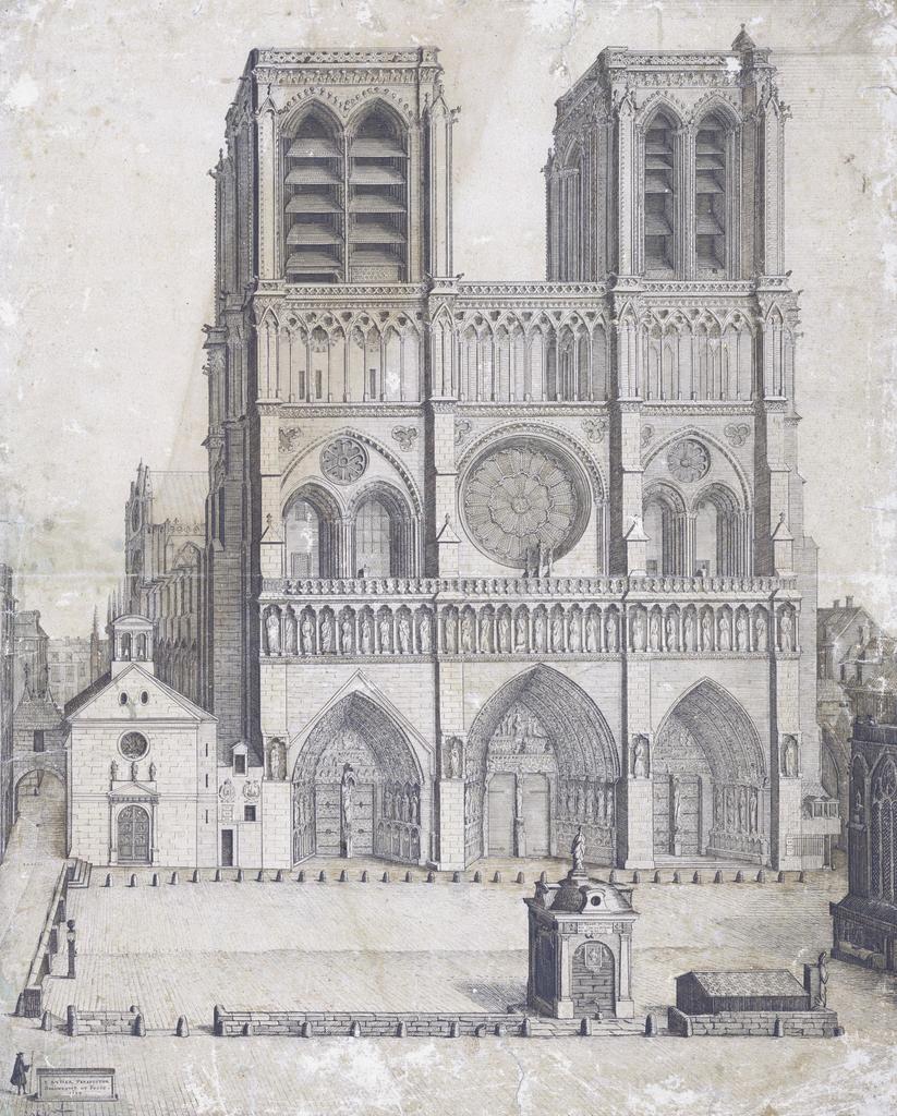 Vincent Hantier, Façade occidentale et parvis de la cathédrale Notre-Dame de Paris, 1699. Graphite sur papier, 59,2 x 46,2 cm. Paris, Bibliothèque nationale de France. 