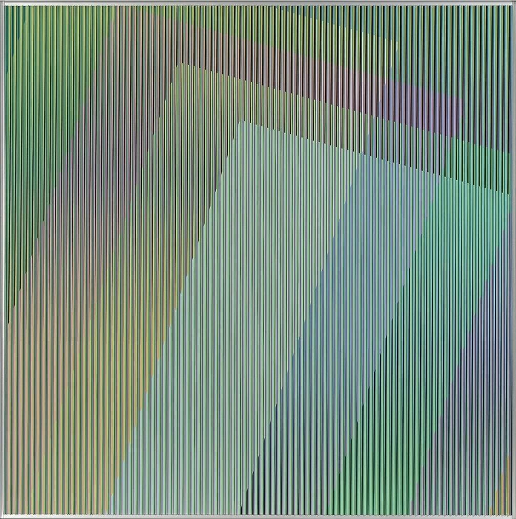 Carlos Cruz-Diez (1923-2019), Physichromie N°2818, Paris, 2019. Chromographie sur aluminium, lamelles de plastique, 100 x 100 cm. Vente Paris, Bonhams Cornette de Saint Cyr, 5 décembre 2024.