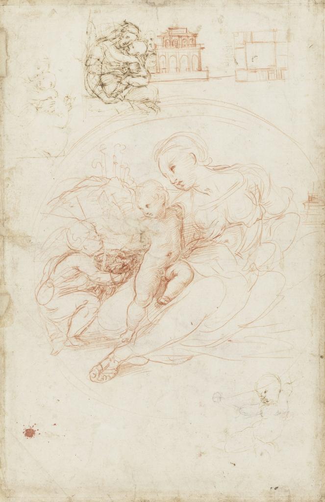 Raffaello Sanzio dit Raphaël (1483-1520), Études pour La Madone d’Albe et pour La Vierge à la chaise, vers 1511-1512. Pointe de plomb, sanguine, plume et encre brune, 42,5 x 27,6 cm. Lille, palais des Beaux-Arts. 