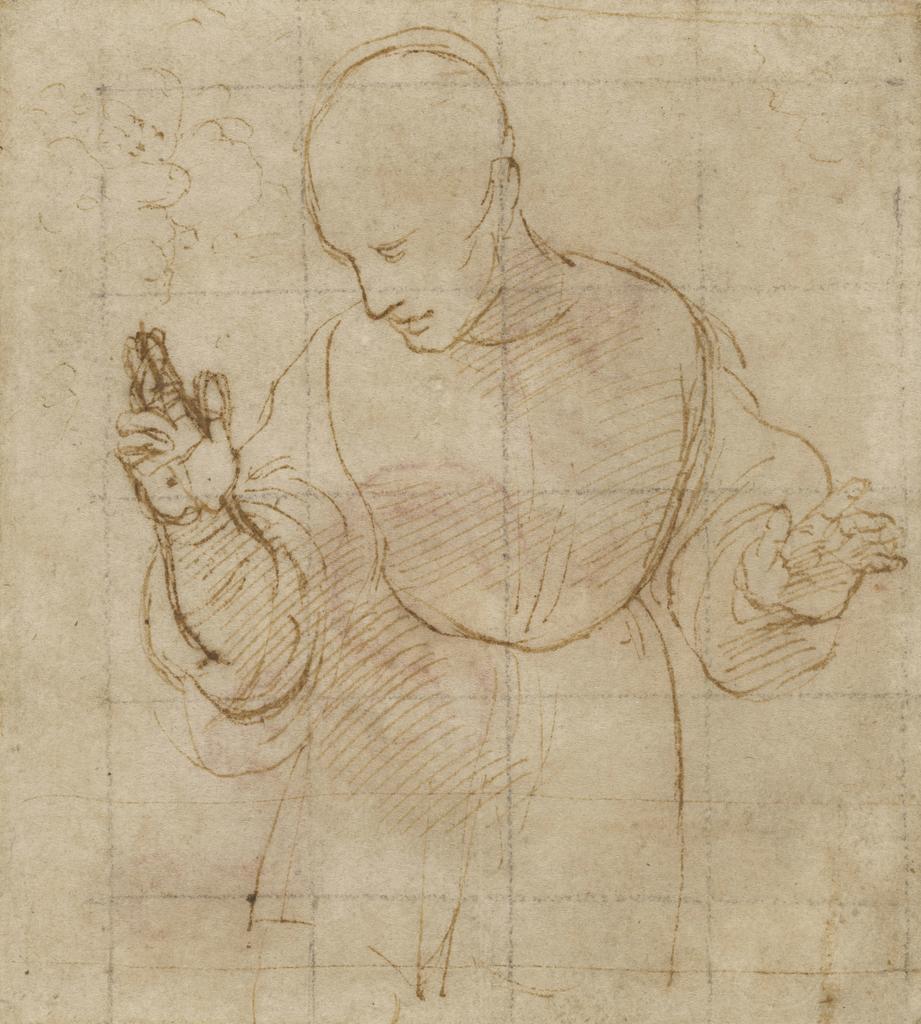 Raffaello Sanzio dit Raphaël (1483-1520), Études pour la figure de Dieu le Père bénissant, vers 1505-07. Plume et encre brune, mise au carreau à la pierre noire, 11,4 x 10,2 cm. Lille, palais des Beaux-Arts. 