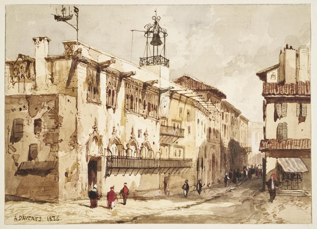 Adrien Dauzats (1804-1868), Vue d’une ville espagnole, 1834. Aquarelle, 8,5 x 12 cm. Bruxelles, APR, fonds Comtesse de Frandre : petit album romantique, fol. 63. 