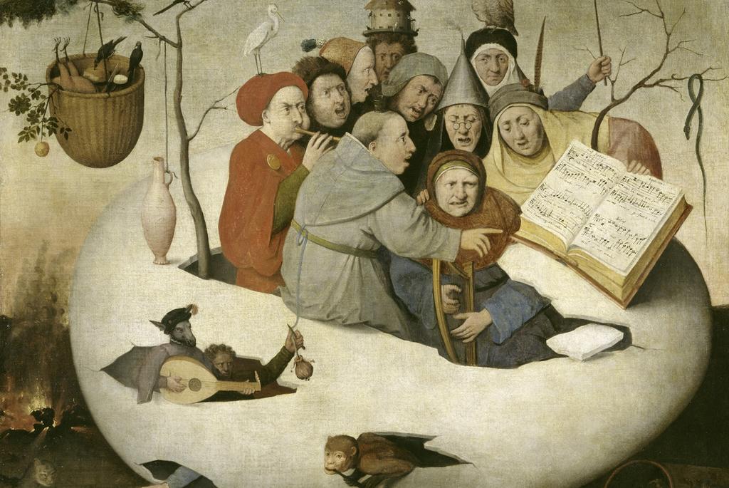 D’après Hyeronimus Bosch (vers 1450-1516), Concert dans un œuf (détail), Anciens Pays-Bas, milieu du XVIe siècle. Huile sur toile, 108,5 x 126,5 cm. Lille, palais des Beaux-Arts.