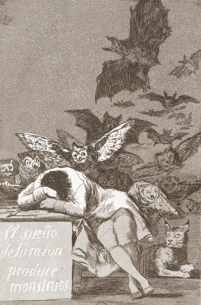 Francisco de Goya y Lucientes, El sueño de la razón produce monstruos [Le sommeil de la raison engendre des monstres], planche 43 des « Caprices », 1799. Eau-forte et aquatinte, 21,6 x 15,2 cm. Paris, Bibliothèque nationale de France.