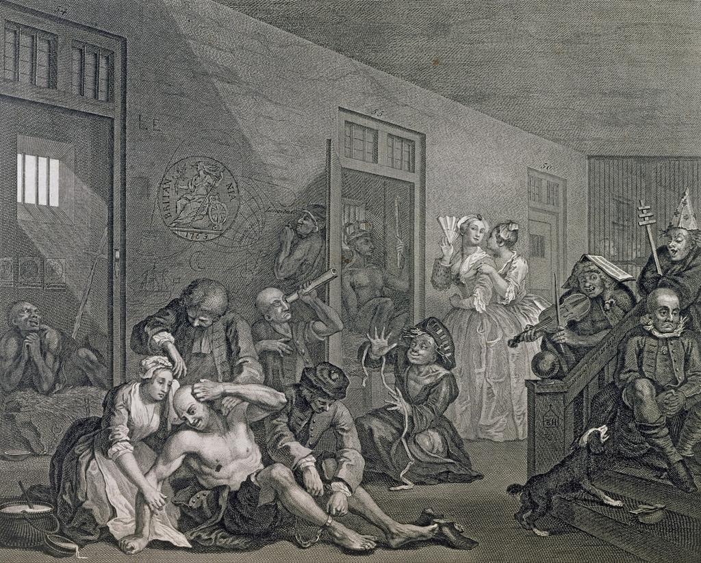 William Hogarth, Le Libertin à Bedlam, planche 8 de La Carrière d’un libertin, 1735 (éd. 1763). Gravure, 35,6 x 40,5 cm. Londres, London Metropolitan Archives.