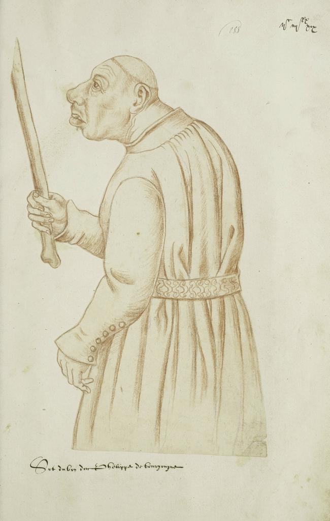 Jacques Le Boucq, Coquinet, sot du duc de Bourgogne, Recueil d’Arras, 1560. Sanguine sur pierre noire, 43 x 31 cm. Arras, Pôle culturel Saint-Vaast / Ronville / Verlaine, Ms. 226, f. 288. 