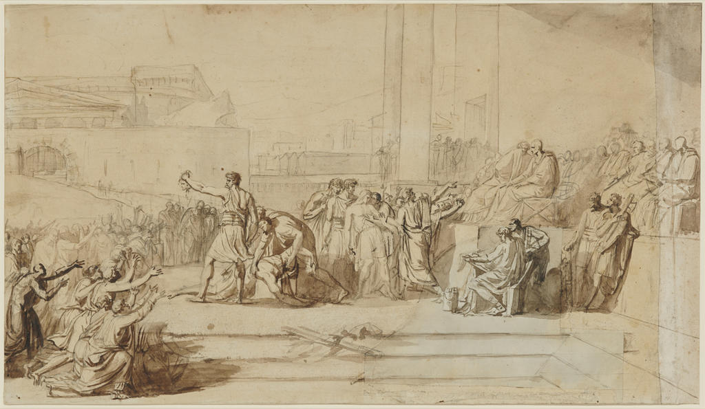 Guillaume Guillon Lethière, Brutus condamnant ses fils à mort, vers 1788. Lavis brun et gris, pierre noire, mine de plomb, 35,6 x 62,2 cm. Williamstown, The Clark Art Institute. 