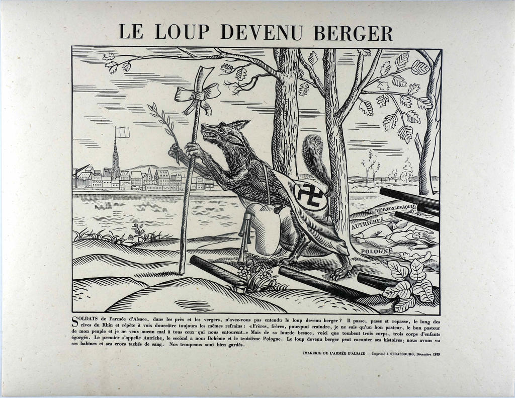 Planche à colorier du « Loup devenu berger » par Louis-Joseph Soulas pour l’Imagerie de l’Armée d’Alsace en 1939, Strasbourg, Cabinet des Estampes et des Dessins.