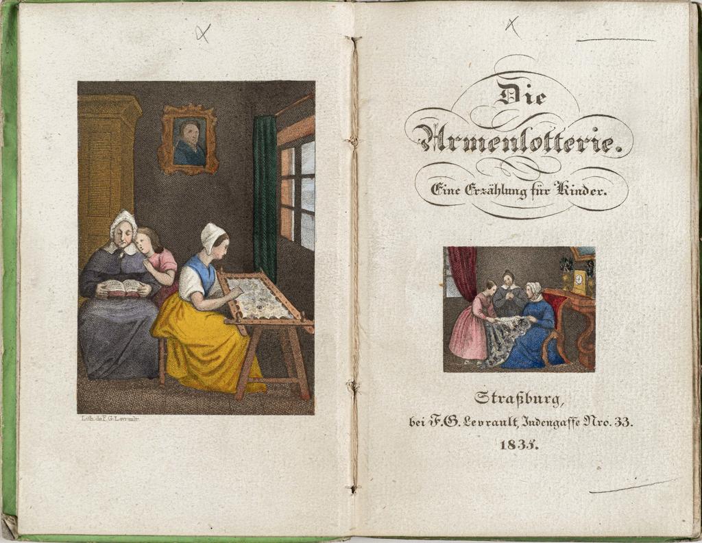 Parmi les premiers albums parus à Strasbourg : Die Armenlotterie chez Levrault en 1835, Strasbourg, Bibliothèque des Musées.