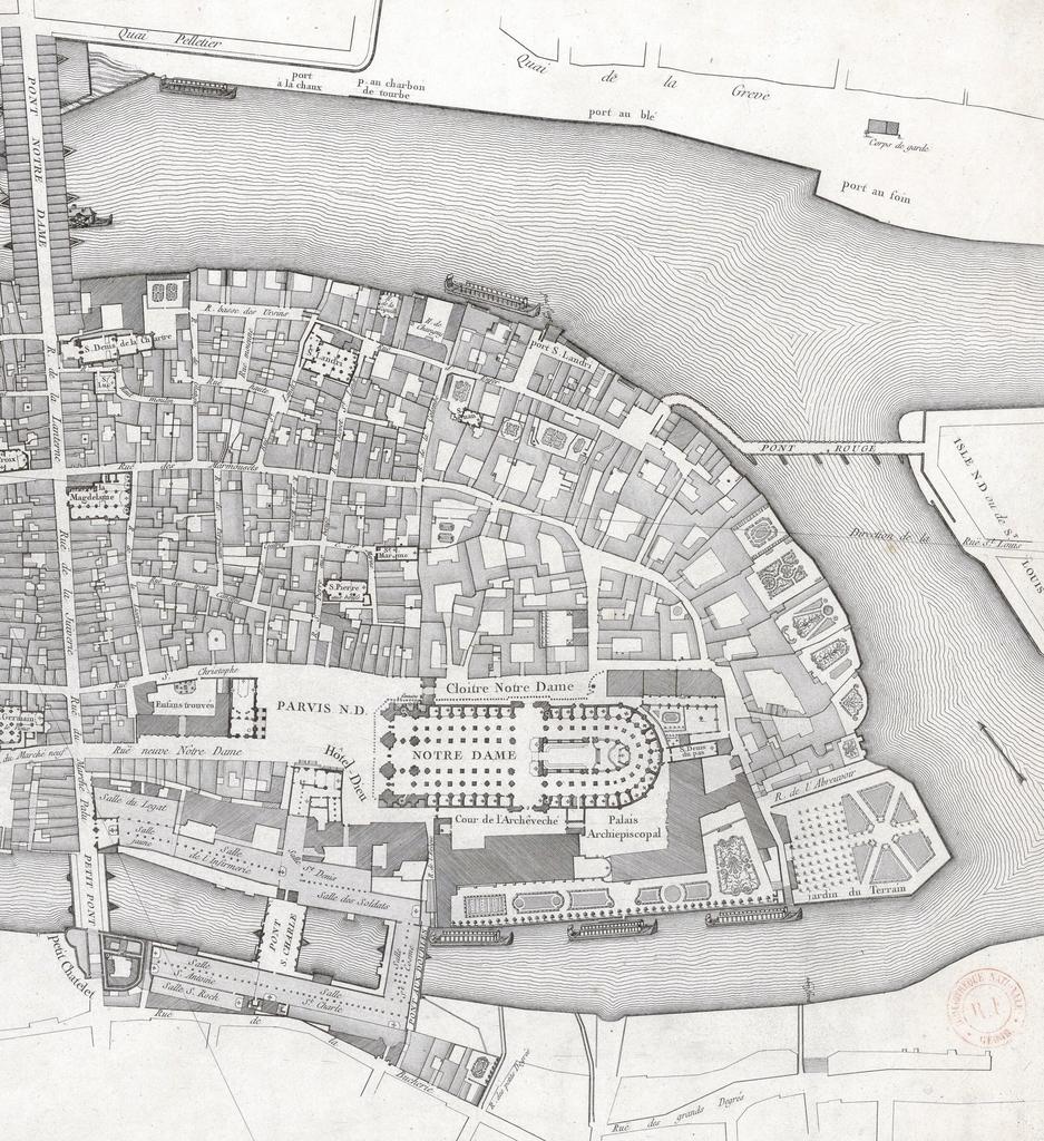 Jean Delagrive, le quartier cathédral, Plan détaillé de la Cité, 1754. Détail. Gravure, 81 x 43 cm. Paris, Bibliothèque nationale de France. 