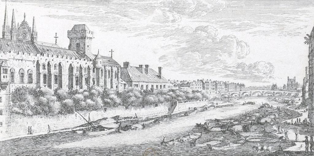 Israël Silvestre, Veuë de l’Archevesché de Paris, et du pont de la Tournel prise de dessus le pont de l’Hostel Dieu, 1658. Le nouveau palais épiscopal construit par Maurice de Sully longe le petit bras de la Seine. Eau-forte, 19,8 x 11,5 cm. Paris, Bibliothèque nationale de France. 