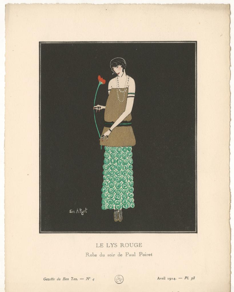 Simone A. Puget (dessinatrice), « Le Lys rouge. Robe du soir de Paul Poiret », avril 1914. 19 x 24,5 cm (feuille). La Gazette du Bon Ton n° 4, planche 38. Éditeur Lucien Vogel. Collection privée. 