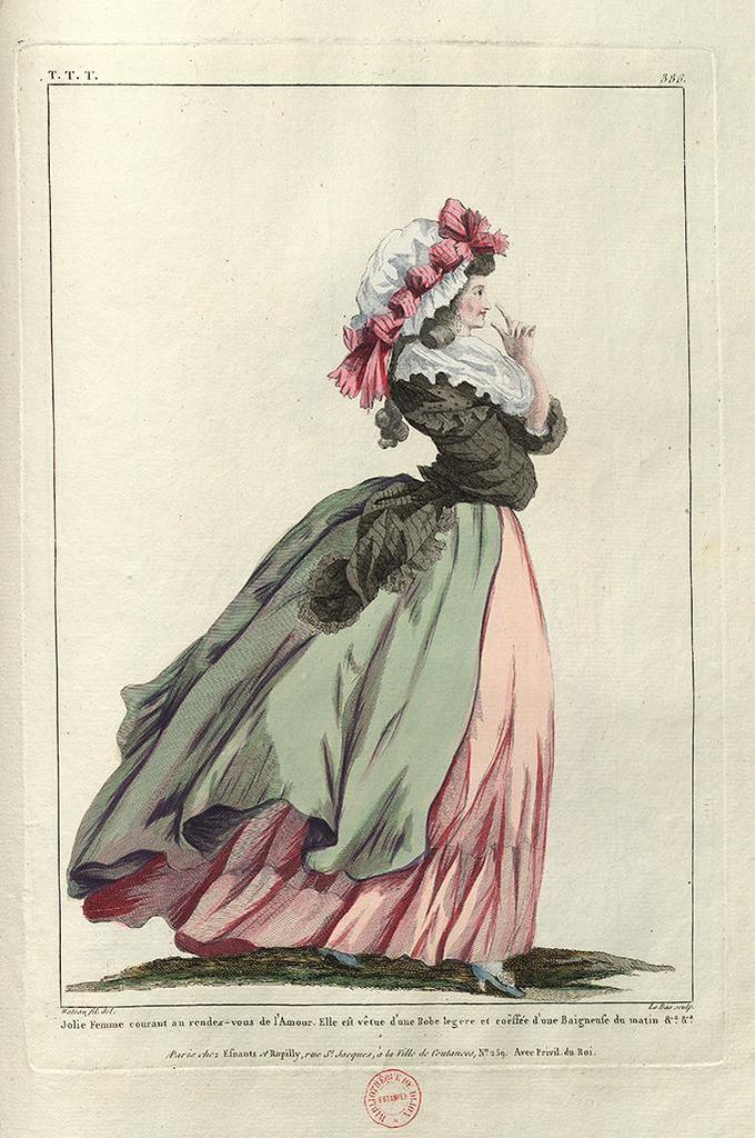 Watteau de Lille (dessinateur), Jacques-Philippe Le Bas (graveur), « Jolie Femme courant au rendez-vous de l’Amour », avant 1783. Gravure à l’eau-forte et au burin, 28 x 19,4 cm (planche). Galerie des modes et costumes français dessinés d’après nature, planche 386. Éditeurs Esnauts et Rapilly, Paris. Dijon, Bibliothèque municipale. 