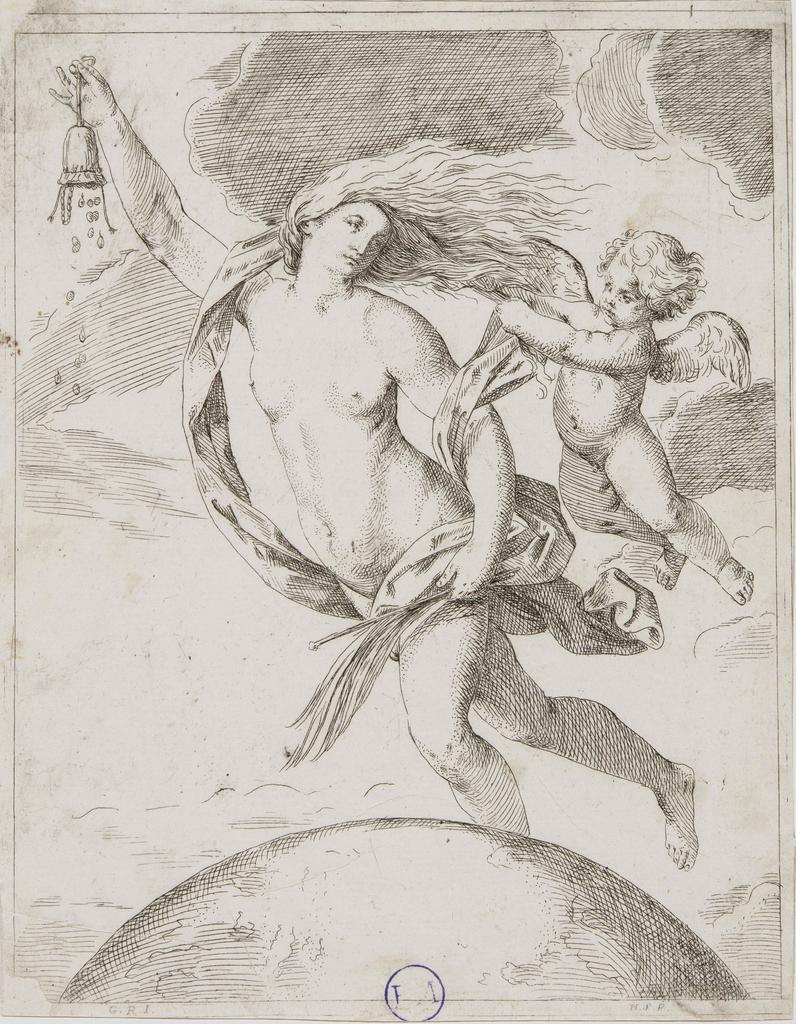 Guido Reni (d’après), Girolamo Scarsello (graveur, Bologne, doc. 1635-1675), La Fortune. Eau-forte, 17,4 x 22,2 cm. Caen, musée des Beaux-Arts. 