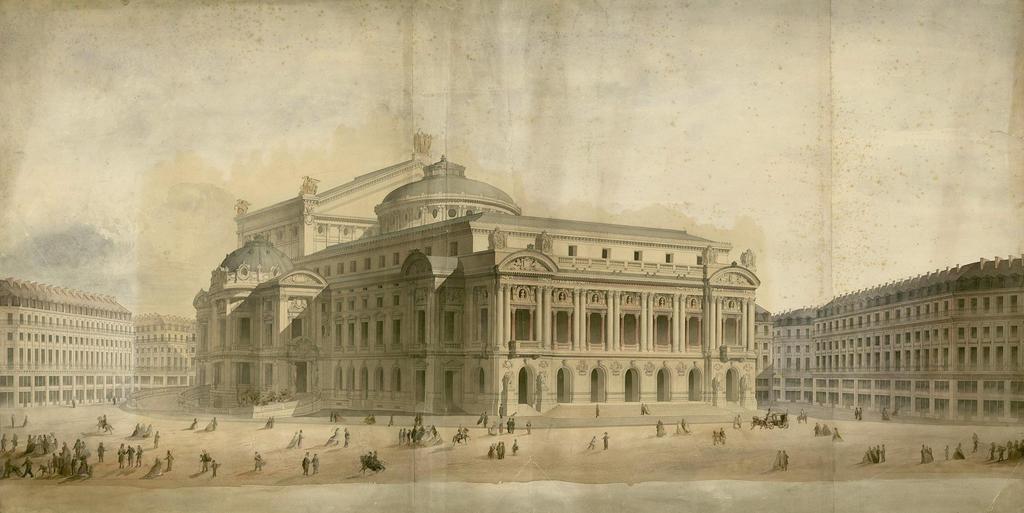 Charles Garnier (1825-1898), Vue perspective de l’Opéra et de ses abords, printemps 1862. Encre, lavis et aquarelle, 82 x 154 cm. Paris, BnF, Bibliothèque-musée de l’Opéra. 