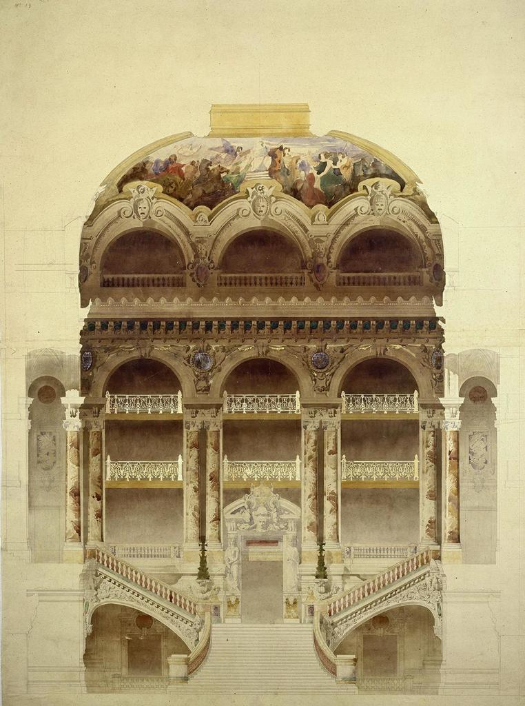 Coupe de la cage du grand escalier, avant 1865. Aquarelle, gouache et rehauts de peinture couleur or, 101 x 71,5 cm. Paris, BnF, Bibliothèque-musée de l’Opéra. 