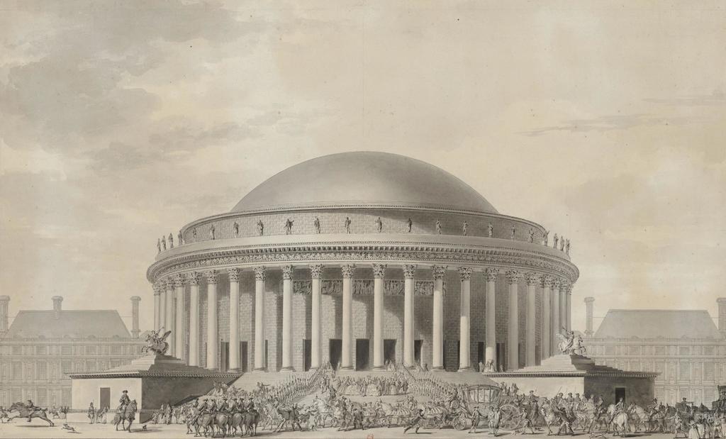 Étienne Louis Boullée, « Salle d’Opéra projetée sur l’emplacement du Carrousel » : élévation perspective avec vue sur les Tuileries, 1781. Encre noire et lavis, 65 x 40 cm. Paris, BnF.