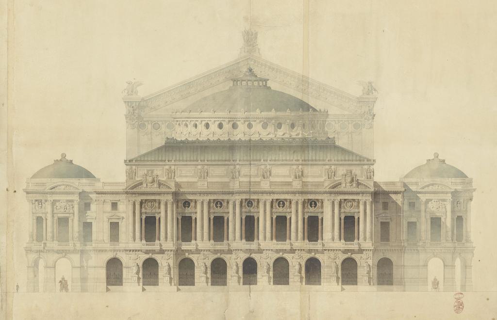 Charles Garnier, Élévation de la façade principale et des pavillons latéraux, août 1861. Crayon, encre, lavis et aquarelle, 81 x 129,5 cm. Paris, BnF, Bibliothèque-musée de l’Opéra. 