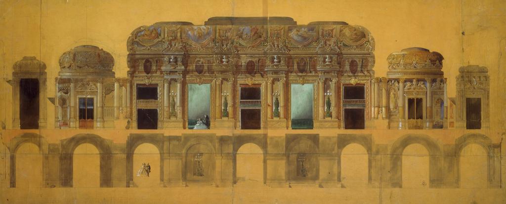 Charles Garnier, Coupe transversale du grand vestibule (au rez-de-chaussée) et du grand foyer (au premier étage), juillet 1861. Crayon, encre, lavis et gouache, 56,5 x 139 cm. Paris, BnF, Bibliothèque-musée de l’Opéra. 