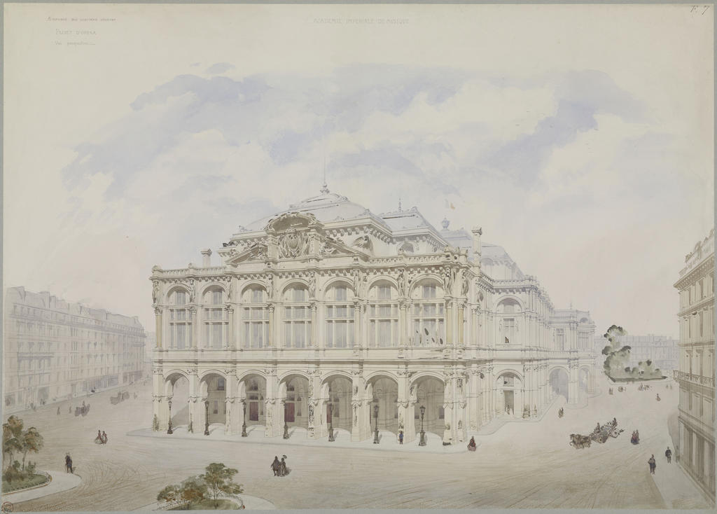Eugène Viollet-le-Duc, Projet pour le concours du nouvel Opéra : vue perspective de l’édifice et de ses abords, 1861. Aquarelle, 64x 90 cm. Charenton-le-Pont, médiathèque du Patrimoine et de la Photographie.