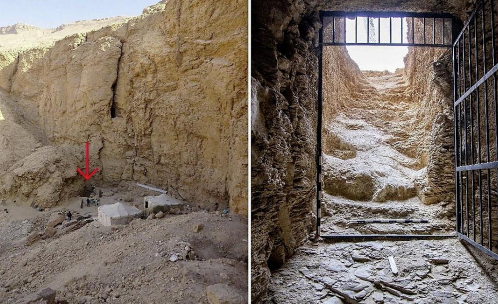 L’entrée de la tombe C4 a été découverte en octobre 2022 à 2,4 kilomètres de la vallée des Rois, non loin de Louxor. Le couloir d’accès a alors été dégagé.