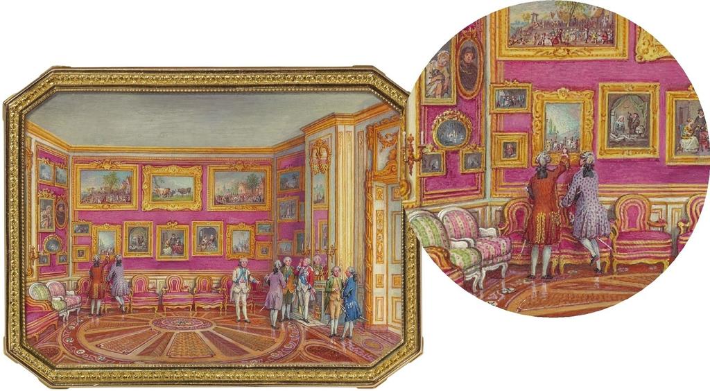 La galerie des peintures : située sous la tabatière, cette scène montre le duc de Choiseul faisant visiter sa galerie des Peintures à un petit groupe de militaires. Vingt-quatre tableaux, principalement flamands et hollandais du XVIIe siècle, ornent les murs de la pièce.
