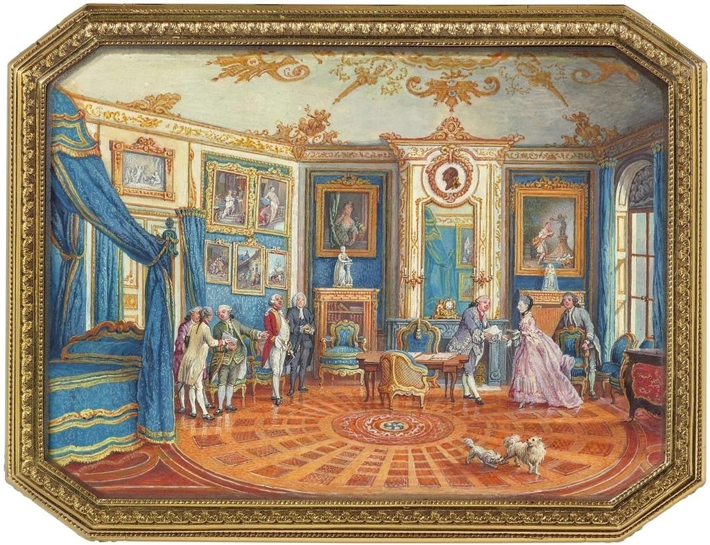 La chambre bleue : visible sur le couvercle, voici la chambre bleue de l’hôtel parisien du ministre et son somptueux décor. C’est l’une des scènes les plus animées de la tabatière. À droite, le duc de Choiseul accueille une dame qu'il conviendra d'identifier. À gauche, un petit groupe de personnages, parmi lesquels l’abbé Jean-Jacques Barthélemy, garde du Cabinet des médailles de la bibliothèque du roi. Au premier plan, deux chiens s’ébattent.