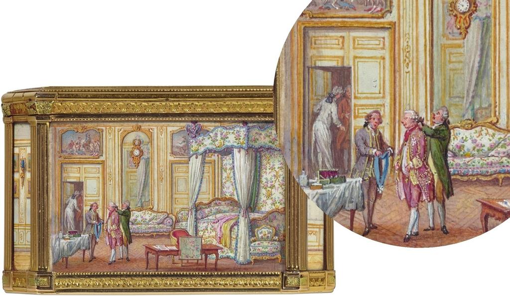 La chambre blanche : sur la face latérale gauche, le ministre est à sa toilette dans une chambre blanche où ses valets de chambre ajustent sa perruque et le revêtent du cordon bleu des ordres du roi.