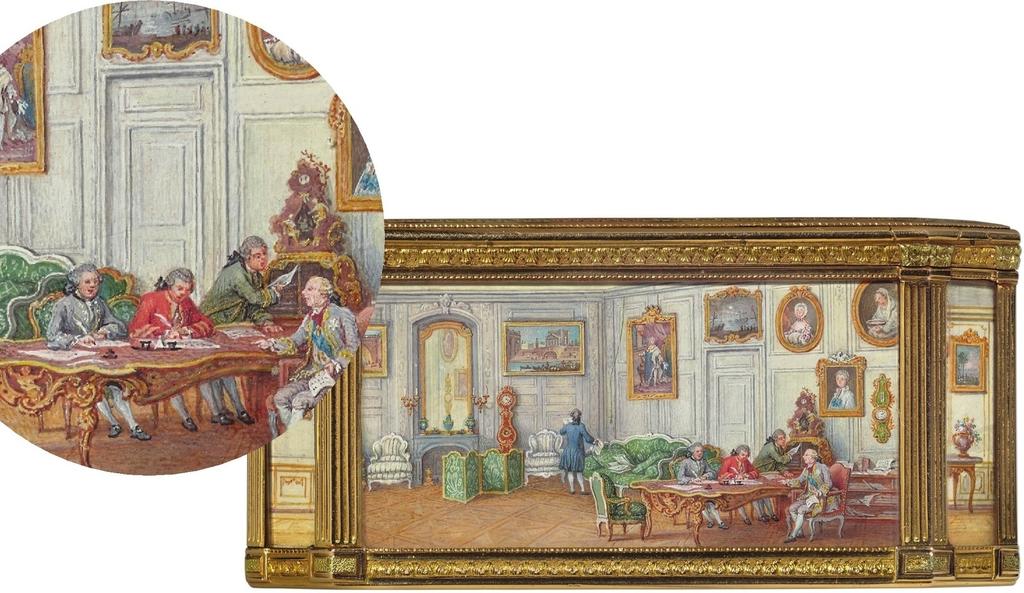 L’appartement ministériel : au rez-de-chaussée de l’une des Ailes des Ministres à Versailles, Choiseul est assis à son bureau, faisant face à deux secrétaires qui écrivent sous sa dictée.