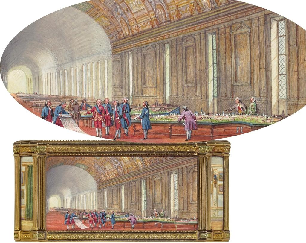 La Grande Galerie du Louvre : sur la face postérieure, nous retrouvons le ministre au centre d’un groupe d’ingénieurs militaires, devant les plans-reliefs disposés sur leurs piétements dans la Grande Galerie du Louvre.