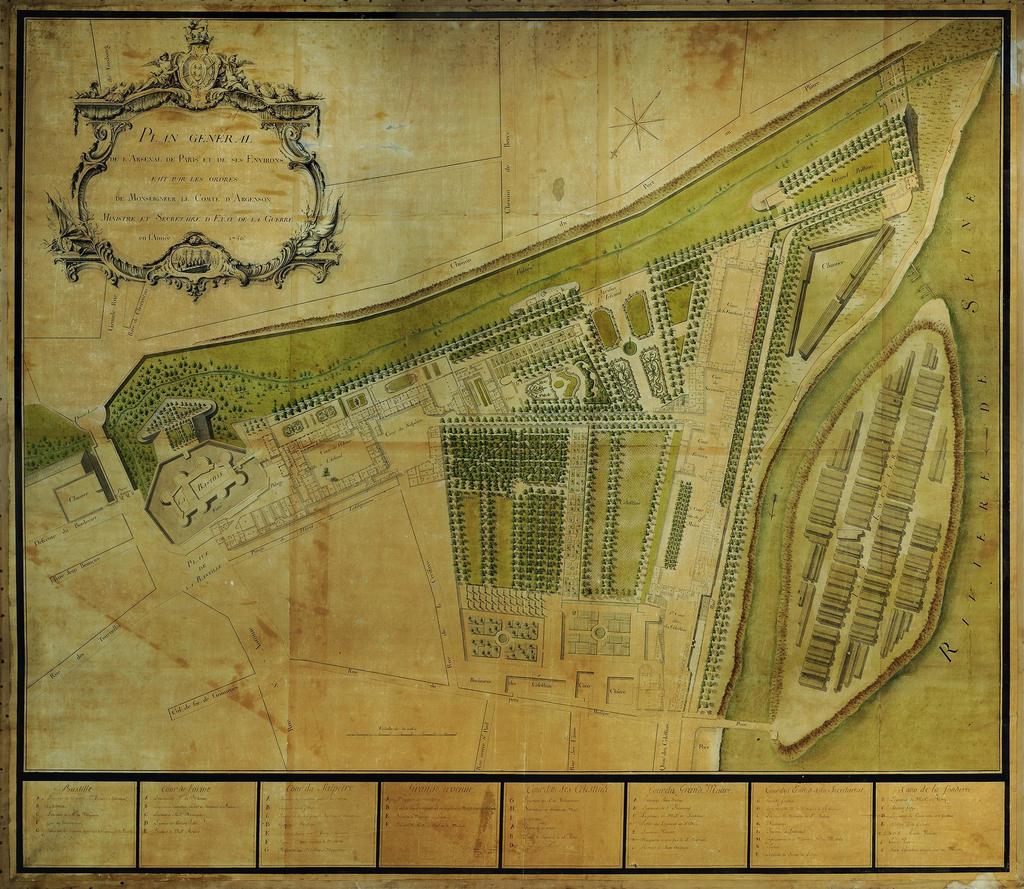 Plan général de l’Arsenal de Paris et de ses environs, fait par les ordres de monseigneur le comte d’Argenson, ministre et secrétaire d’État de la Guerre, 1756. Plan manuscrit aquarellé. Paris, Bibliothèque nationale de France.