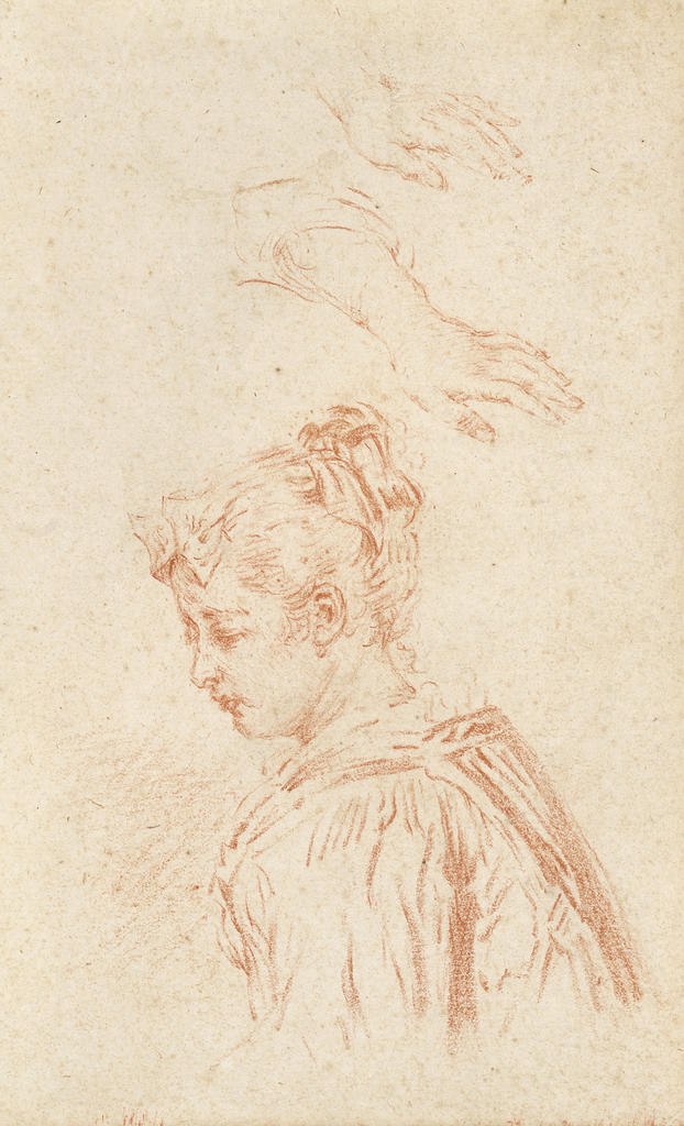 Antoine Watteau (1684-1721), Étude de jeune femme de profil et deux études de mains. Sanguine sur traits de pierre noire, 18,3 x 11 cm. 