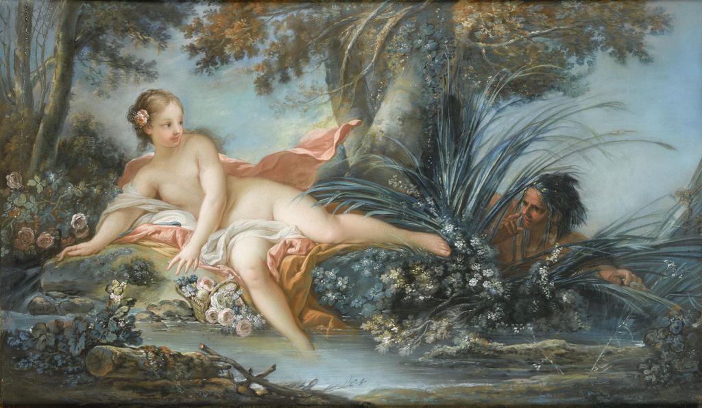 François Boucher (1703-1770), La nymphe surprise. Pastel sur vélin tendu sur châssis, 42 x 70,5 cm. 
