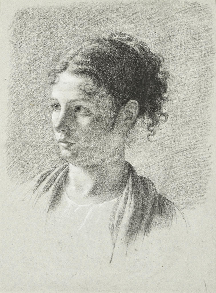 Pauline Auzou (1775-1835), Portrait de jeune femme de profil. Pierre noire, fusain, estompe et rehauts de craie blanche sur papier bleu, 47,5 x 34,5 cm. 